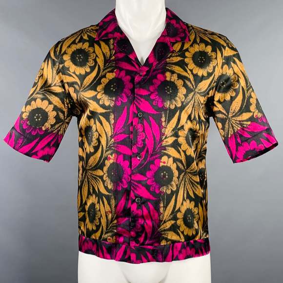 DRIES VAN NOTEN Beige Fuchsia Pink Floral One Pocket Short Sleeve Shirt - Picture 1 of 4